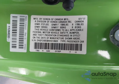 2017 Honda Civic Lx z USA, uszkodzony, nr VIN 2HGFC4B58HH310603